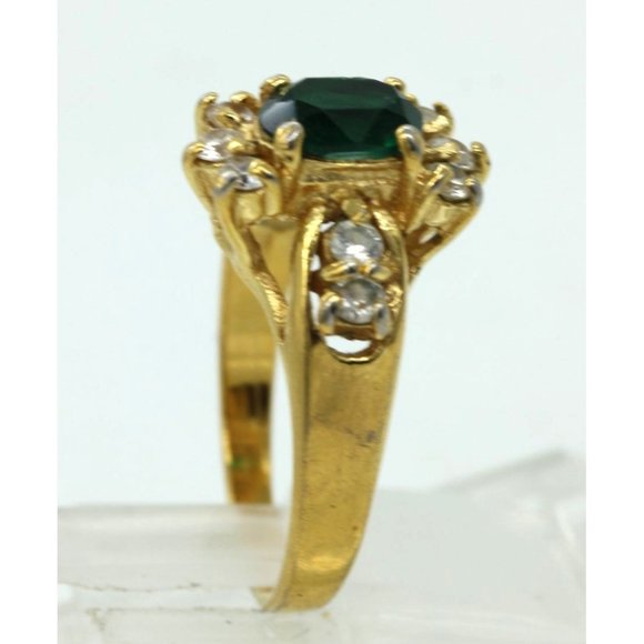 GOLD ELECTROPLATED & emerald green, clear CZ's cluster ring, sz 8 designer sign - Picture 3 of 7